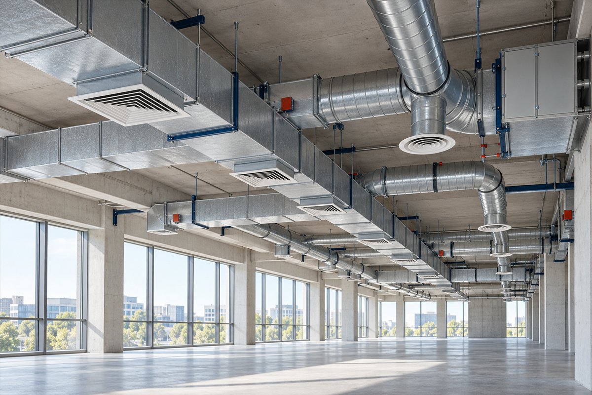 Visualizzazione illustrativa di canalizzazioni per ventilazione in un edificio commerciale