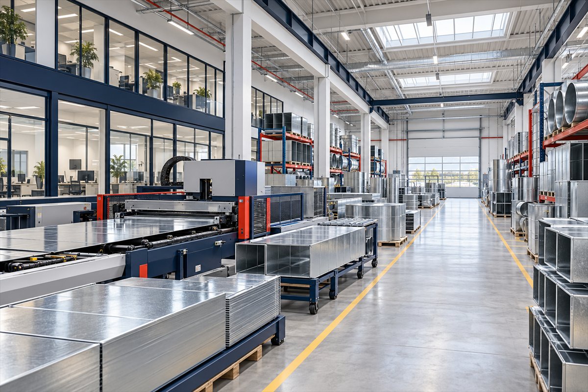 Visualizzazione illustrativa di una struttura tecnica con uffici, magazzino e officina